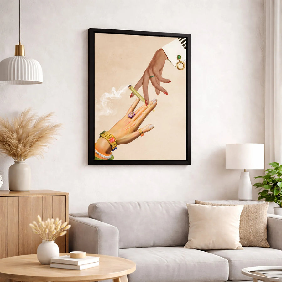 Surreal Hands Passing Joint Canvas Art | Vintage Collage Aesthetic | 1.25" Premium Gallery Wrap | Trendy Home Office Wall Decor Gift