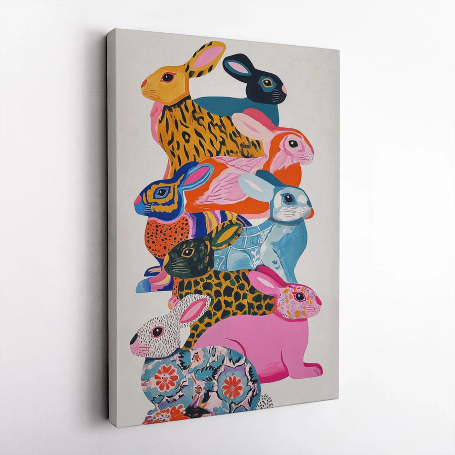 Colorful Stacked Rabbits Wall Art | Whimsical Patterned Animal Decor | Premium 1.25-Inch Gallery Canvas | Unique Nursery or Living Room Gift