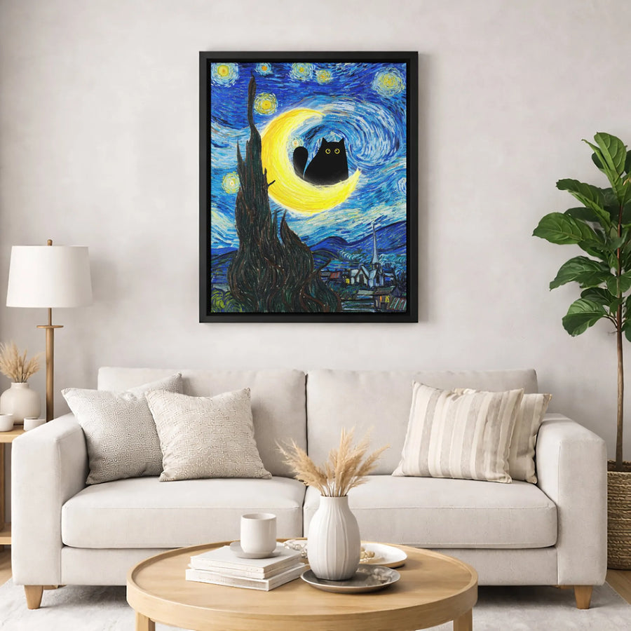 Black Cat Canvas Wall Art | Starry Night Impressionist Style | 1.25-Inch Gallery Wrap | Whimsical Home Decor Gift for Cat Lovers