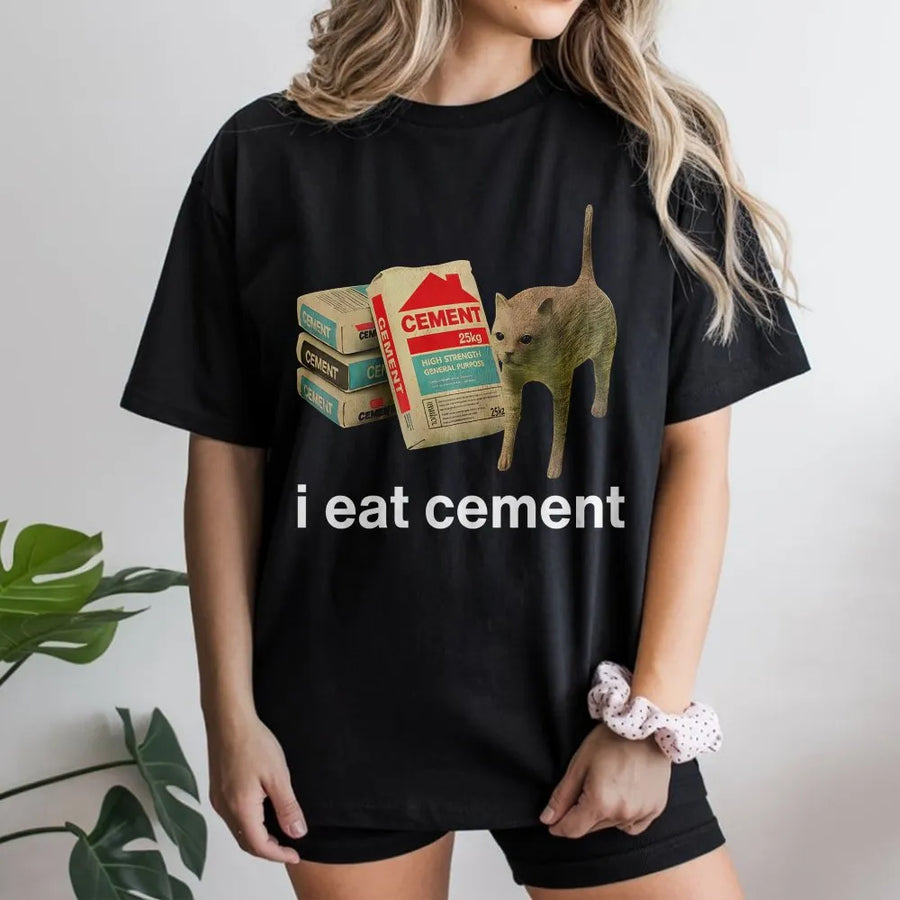I Eat Cement Funny Meme T-Shirt | Cursed Cat Graphic Tee | 100% Cotton Premium Quality | Unhinged Internet Humor Gift for Men and Women