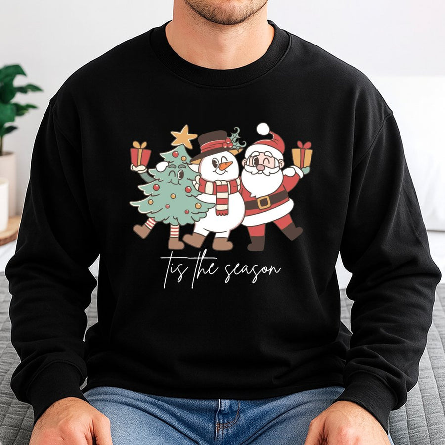 Tis The Season Christmas Sweatshirt | Retro Santa Snowman Tree Graphic | Premium Cotton Blend Crewneck | Unisex Holiday Gift For Family
