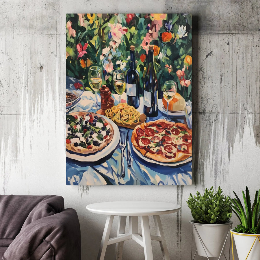 Italian Pizza Dinner Canvas Print | Al Fresco Wine & Pasta Art | 1.25" Gallery Wrapped Wall Decor | Premium Kitchen & Dining Room Gift