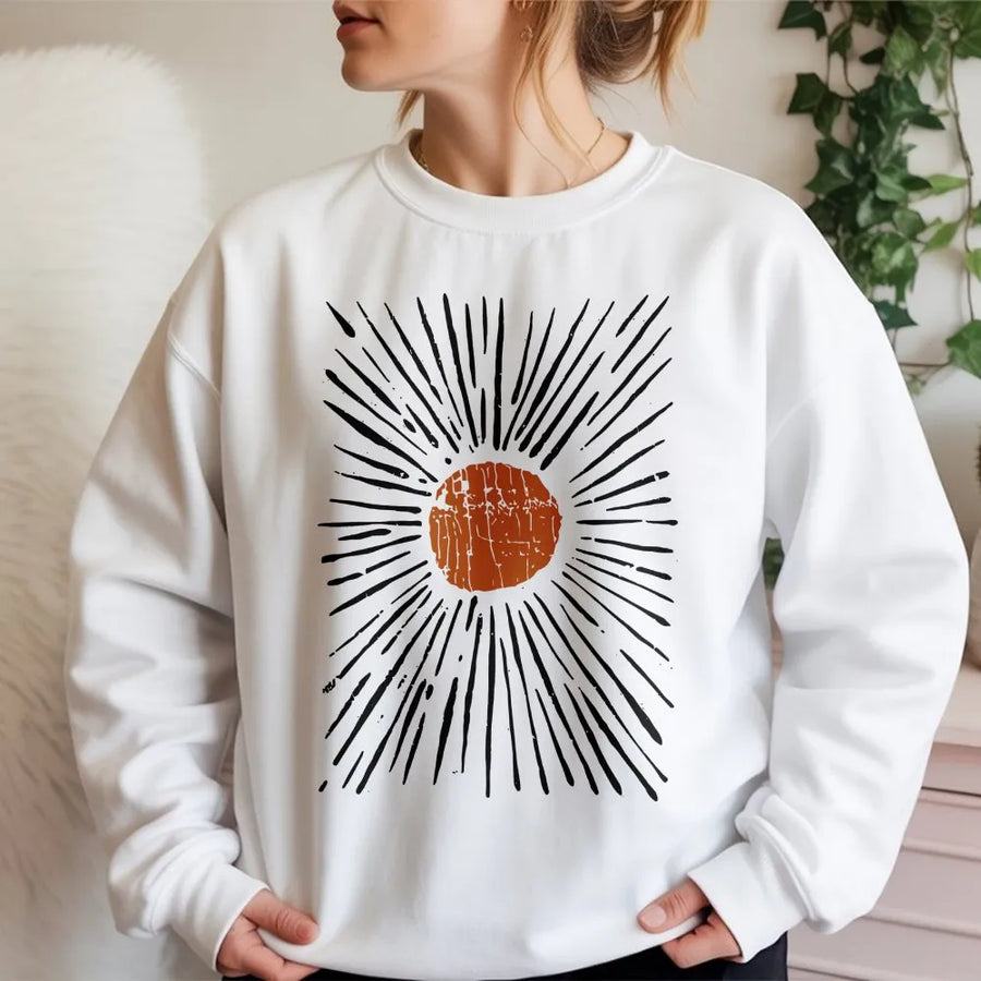 Sunburst Graphic Sweatshirt | Retro Bohemian Line Art Design | Premium Cotton Blend | Unisex Artistic Gift for Nature Lovers