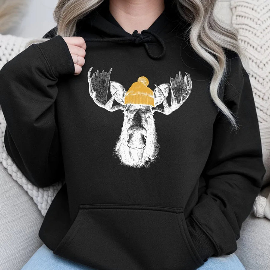 Moose Hoodie | Cute Bull Moose Wearing Beanie Graphic | Premium Soft Cotton Blend | Wildlife Lover Gift Unisex Christmas Sweatshirt