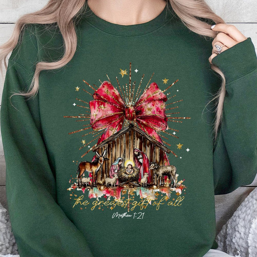 Nativity Scene Christmas Sweatshirt | The Greatest Gift Of All Religious Design | Premium Cotton Blend Crewneck | Holiday Faith Gift For Women