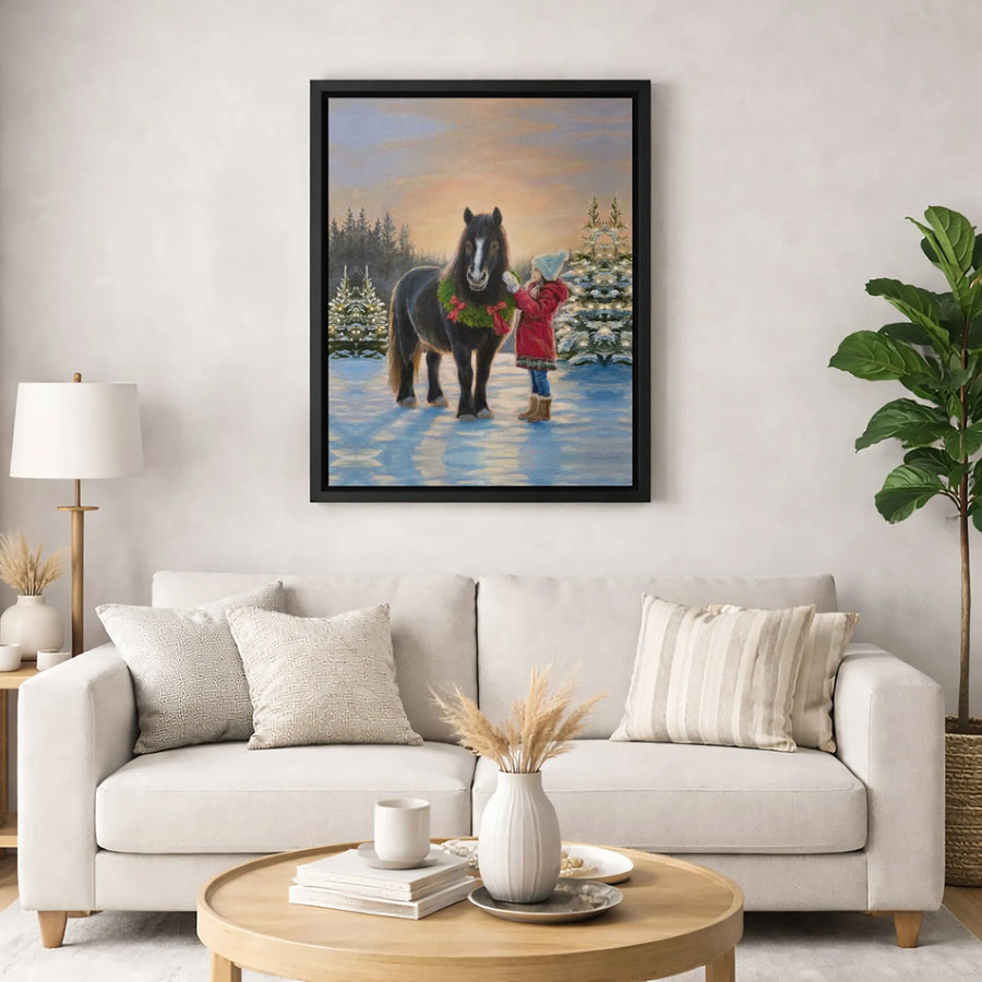 Horse Christmas Canvas Wall Art | Girl Petting Horse in Snowy Forest Scene | Gallery-Wrapped Premium Print | Holiday Decor Gift for Horse Lovers