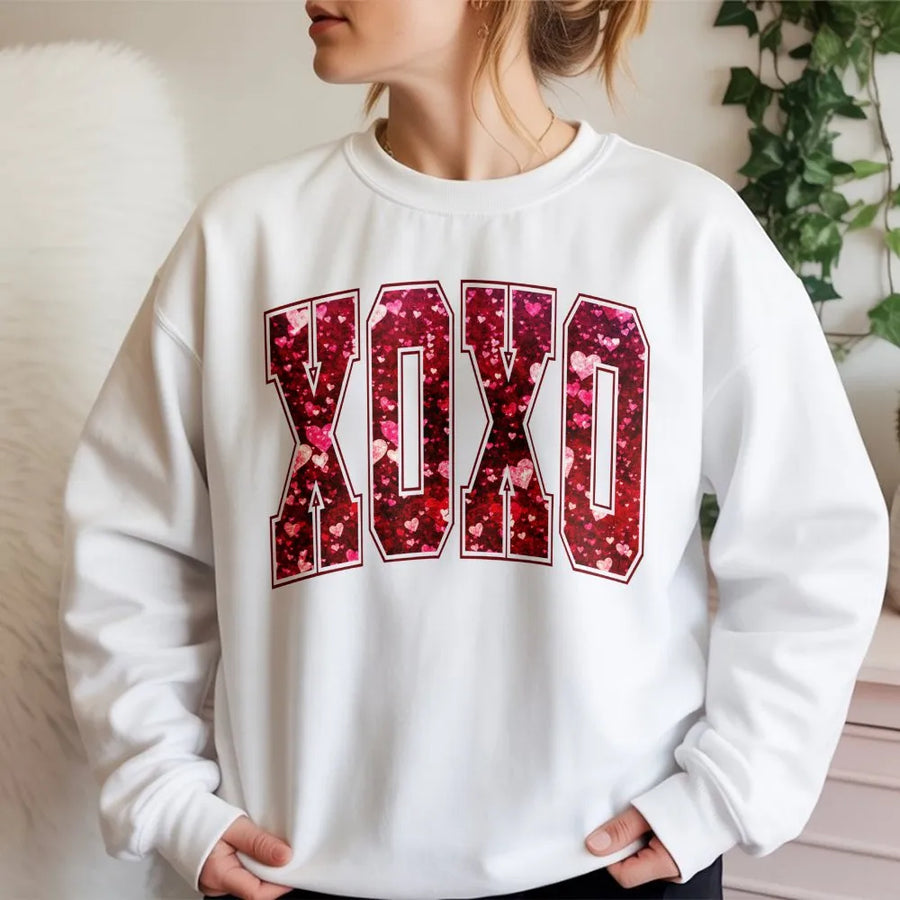 XOXO Valentines Day Sweatshirt | Varsity Letter Heart Print Design | Premium Cotton Blend | Romantic Gift For Her Or Him