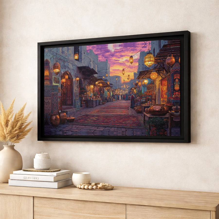 Arabian Night Market Canvas Wall Art | Vibrant Bazaar Street Scene with Lanterns | Premium Gallery-Wrapped Print | Exotic Home Decor Gift