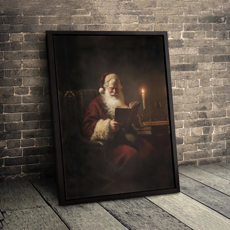 Santa Claus Reading A Book Canvas | Vintage Christmas Oil Painting Style | Premium 1.25 Inch Gallery Wrap | Festive Holiday Wall Art Decor