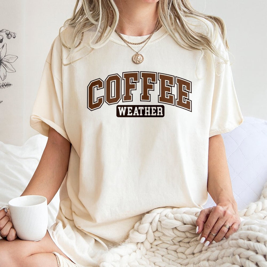 Coffee Weather T-Shirt | Varsity Lettering Graphic Tee | Premium 100% Cotton | Cozy Caffeine Lover Gift for Coffee Addicts