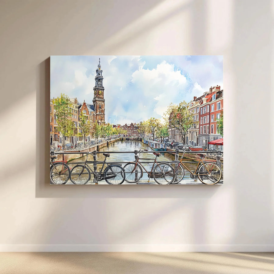 Amsterdam Canal Painting Canvas | Watercolor Cityscape With Bicycles | Premium Gallery Wrap Wall Art | Travel Gift For Home Office Decor