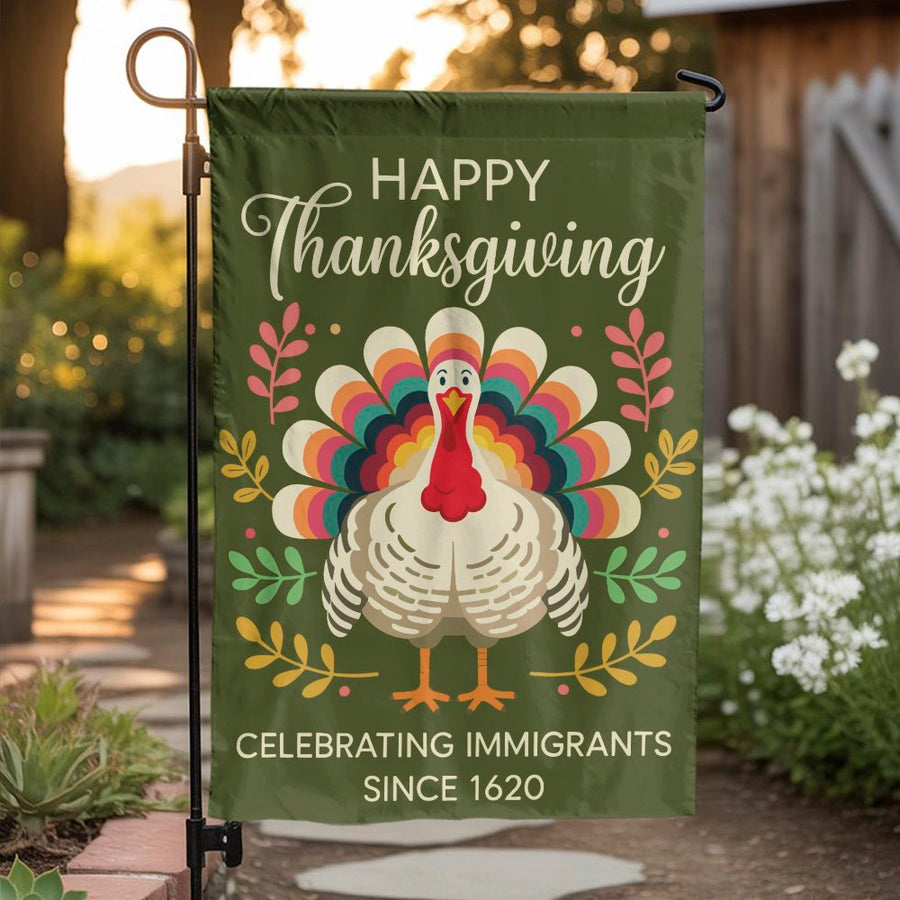 Thanksgiving Garden Flag | Retro Turkey Celebrating Immigrants Since 1620 | Weather-Resistant Polyester | Holiday Yard Decor Gift