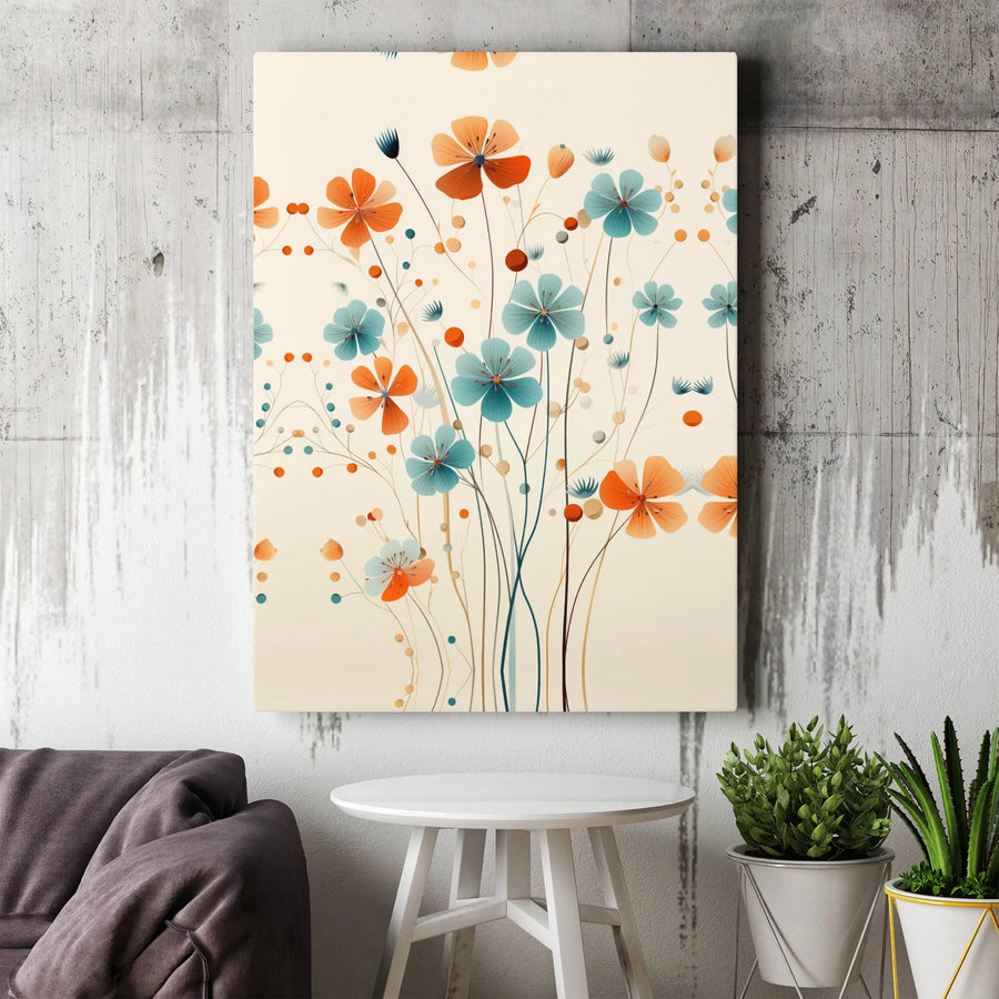 Minimalist Wildflower Canvas Art | Modern Orange and Teal Floral Print | Gallery Quality 1.25" Thick Wall Decor | Botanical Home Office Gift