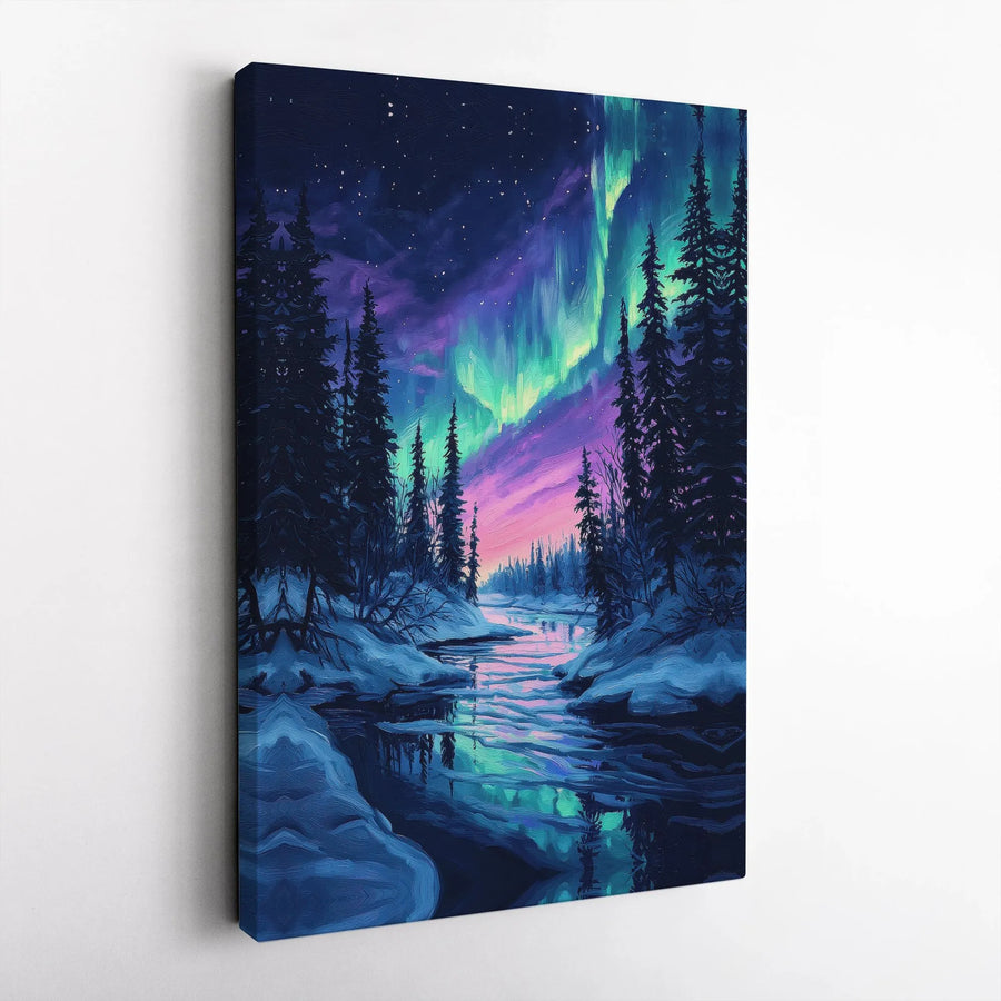 Northern Lights Canvas Wall Art | Aurora Borealis Winter Forest Painting | Premium 1.25" Thick Print | Nature Lover Gift for Home Decor