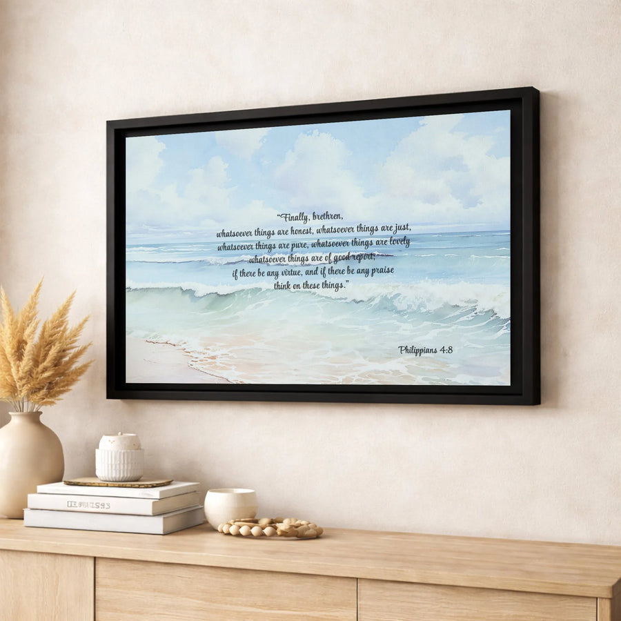 Philippians 4:8 Canvas Wall Art | Watercolor Ocean Scripture Print | Gallery-Wrapped Premium Decor | Christian Gift for Home & Office