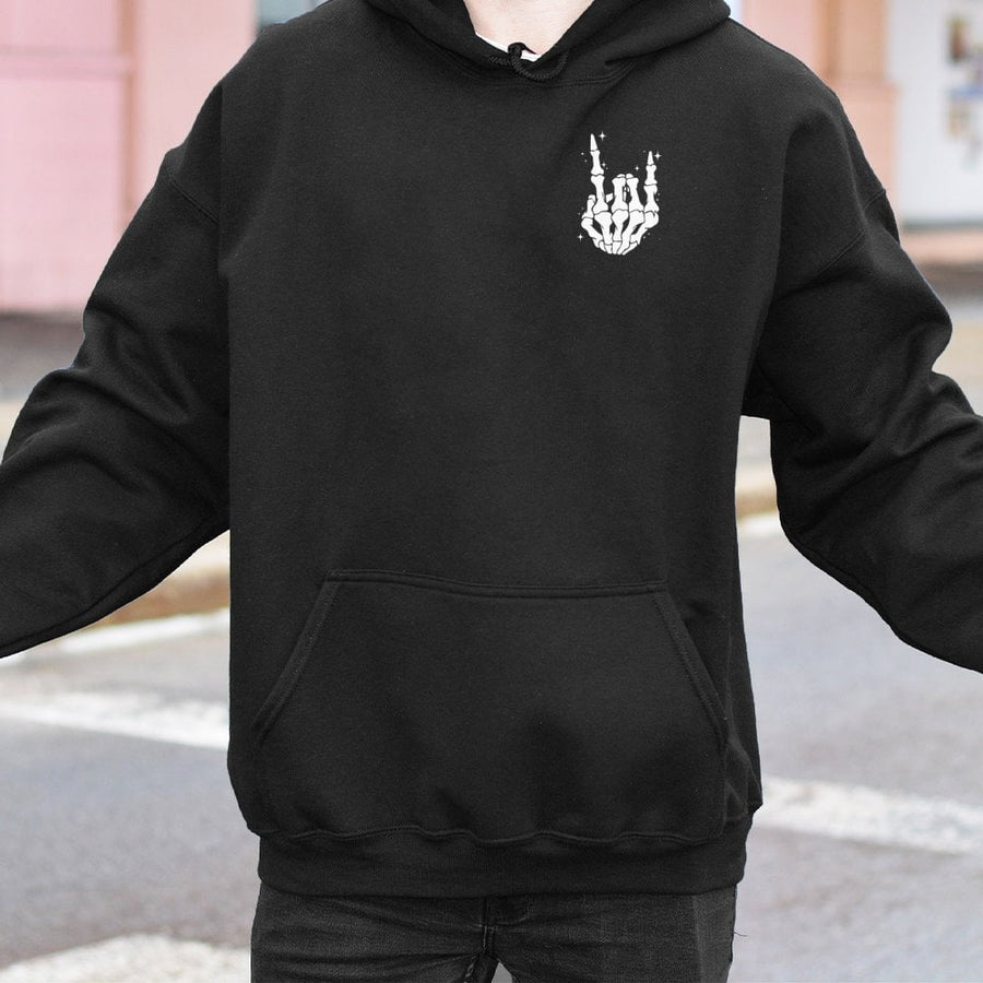 Skeleton Hand Rock On Hoodie | Gothic Aesthetic Skull Graphic | Premium Cotton Blend | Unisex Alt Fashion Gift for Music Lovers