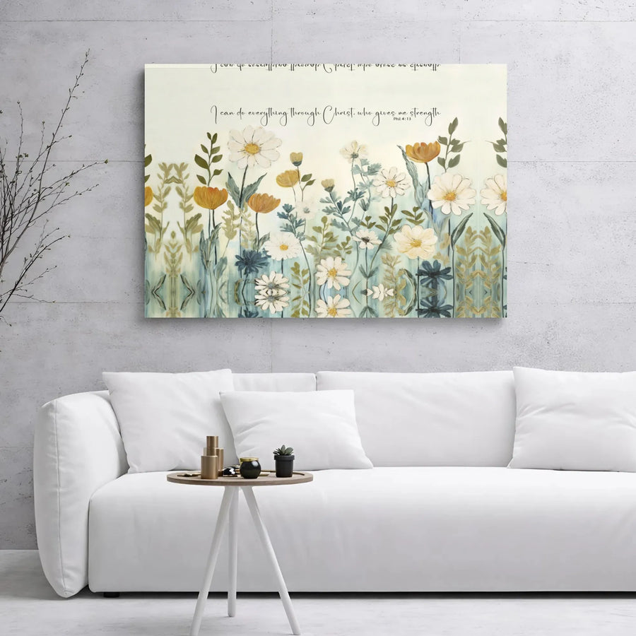 Philippians 4:13 Bible Verse Canvas | Wildflower Floral Wall Art | Premium Gallery Wrap Print | Inspirational Christian Gift for Home Decor