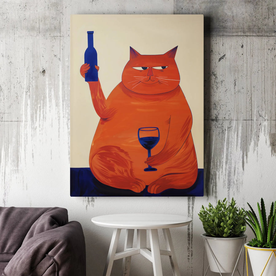 Funny Orange Cat With Wine Canvas Print | Whimsical Pet Drinking Art | Gallery-Quality Fade-Resistant Decor | Gift For Wine And Cat Lovers