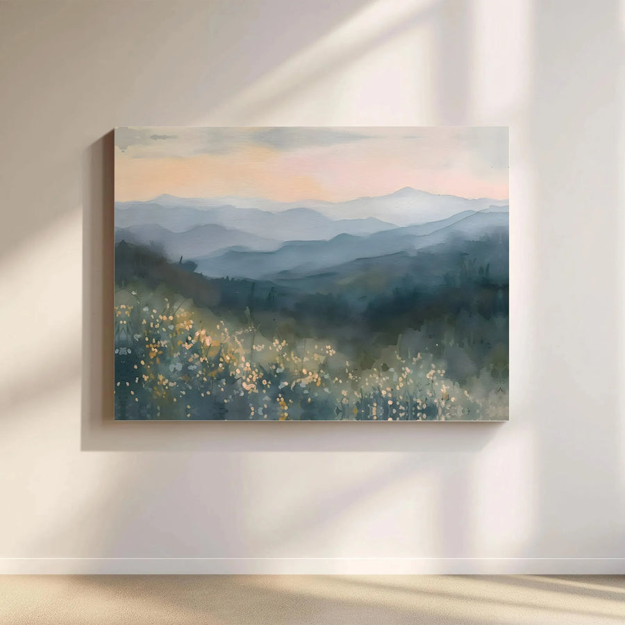 Misty Mountain Canvas Wall Art | Watercolor Wildflower Landscape | Premium Gallery Wrap Print | Modern Living Room Decor Gift
