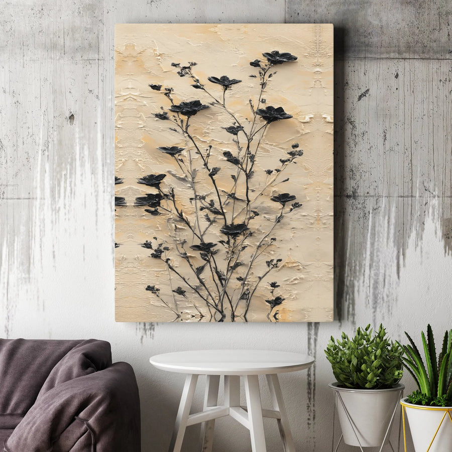 Textured Floral Canvas Wall Art | Minimalist 3D Effect Black Flower Art | Premium Gallery Wrap Canvas | Modern Home Decor Gift