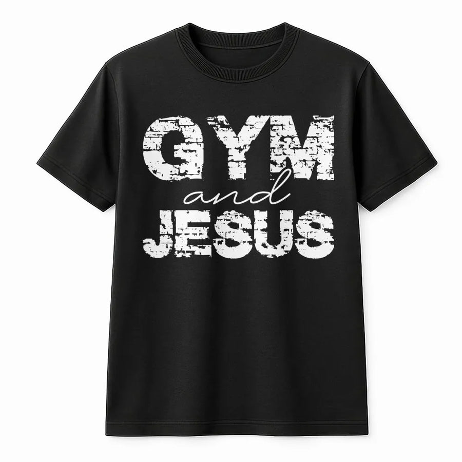 Gym and Jesus Graphic T-Shirt | Distressed Typography Print | 100% Cotton Premium Tee | Faith and Fitness Gift for Men and Women