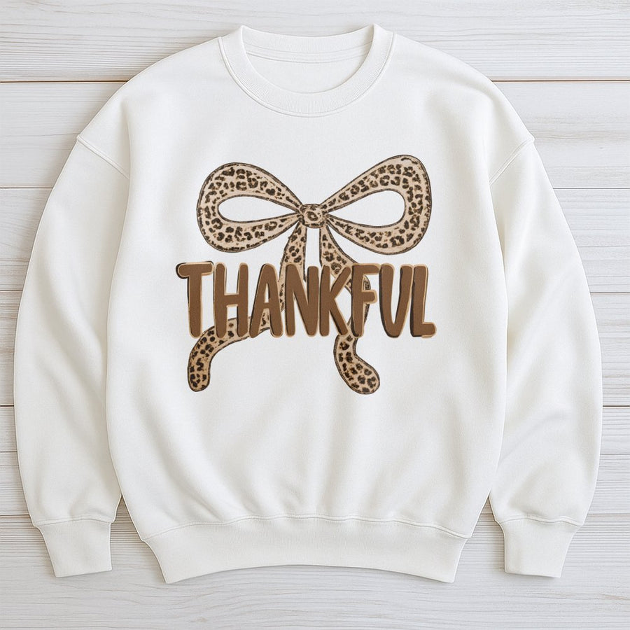 Thankful Leopard Bow Sweatshirt | Trendy Fall Graphic Pullover | Premium Cotton Blend Cozy Crewneck | Cute Thanksgiving Gift for Women