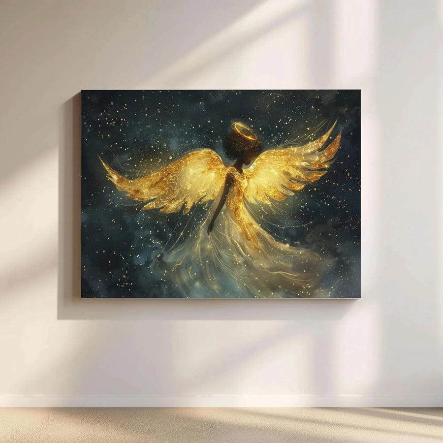 Black Angel Wall Art | Ethereal Gold Wings Guardian Angel Decor | Premium Gallery-Wrapped Canvas | Spiritual Home Gift for Her
