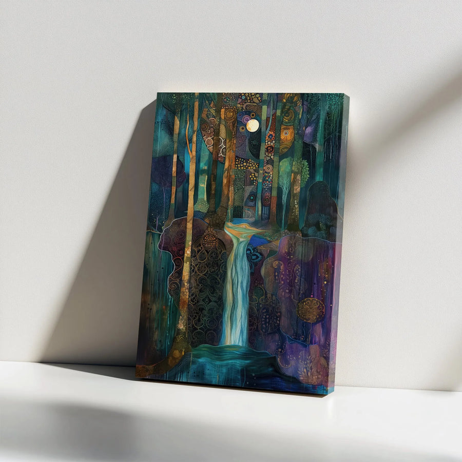 Abstract Forest Canvas Print | Art Nouveau Style Moonlight Waterfall | Thick Gallery Wrap Canvas | Premium Boho Living Room Wall Decor Gift