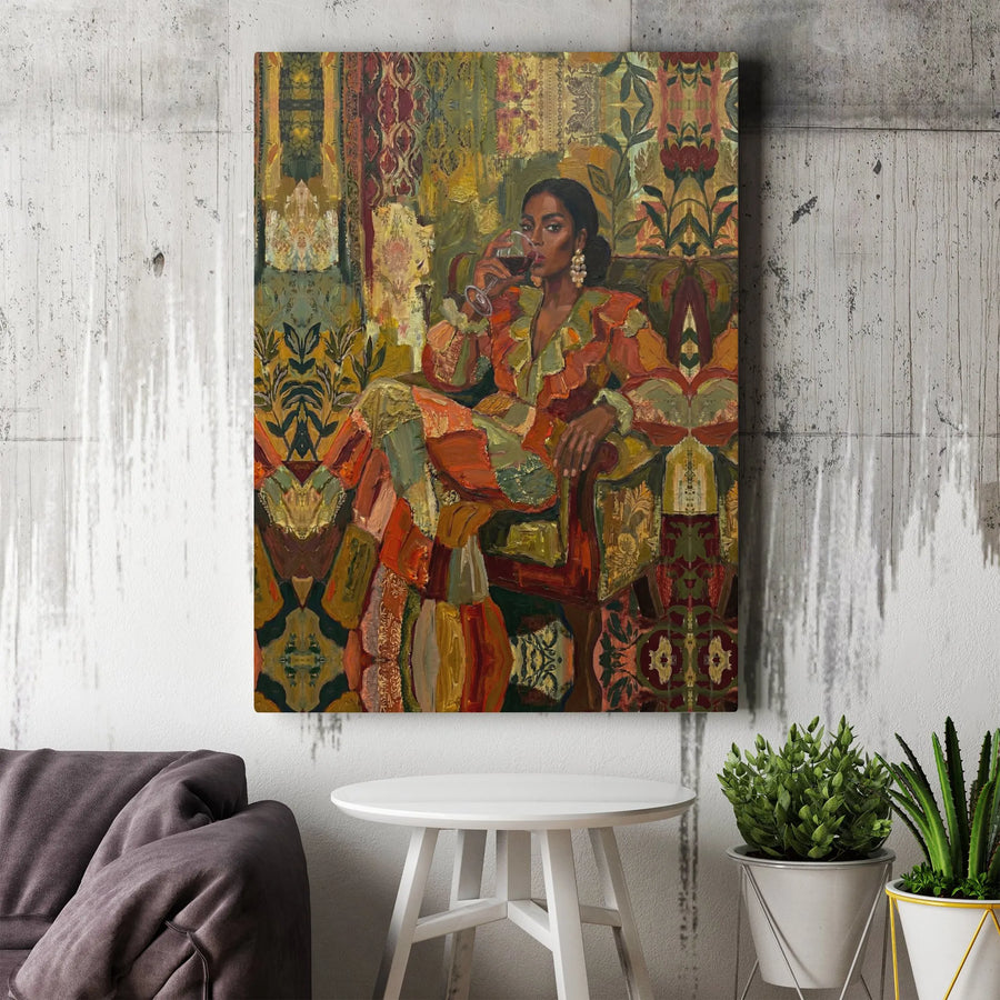 Black Woman Art Canvas Print | Elegant Woman with Wine Portrait | Thick Gallery Wrapped Canvas | Modern Afrocentric Home Decor Gift