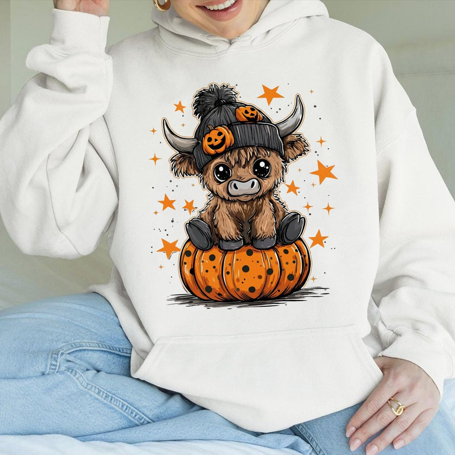 Halloween Highland Cow Hoodie | Cute Pumpkin Beanie Graphic | Premium Cotton Blend | Funny Fall Gift for Cow Lovers