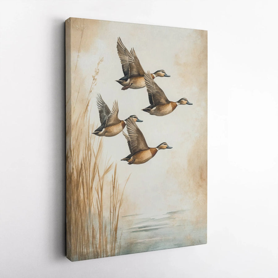 Flying Ducks Canvas Print | Rustic Marsh Landscape Art | Gallery Quality Framed Wall Decor | Nature Gift for Hunters and Outdoorsmen