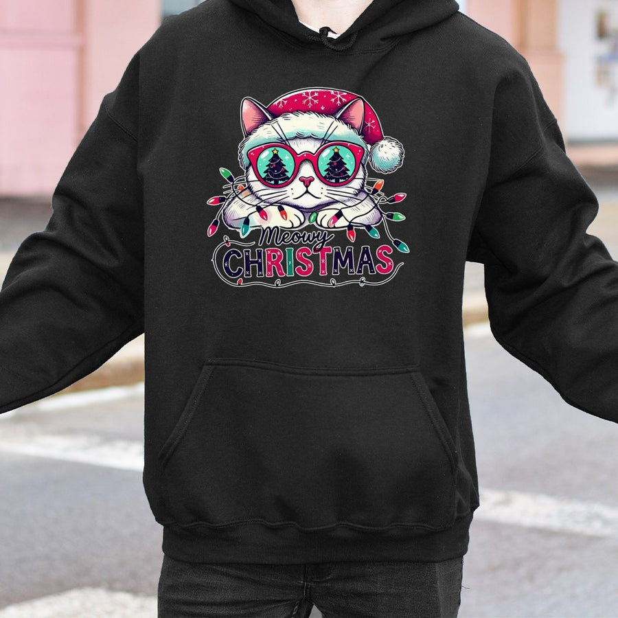 Meowy Christmas Hoodie | Cute Cat Wearing Santa Hat Graphic | Soft Cotton-Blend Premium Apparel | Festive Gift for Cat Lovers