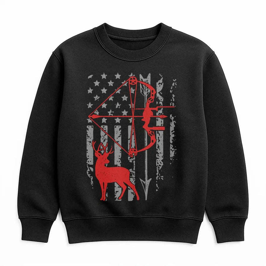 Deer Hunting Sweatshirt | American Flag Bow Hunter Graphic | Premium Cotton Blend | Patriotic Gift for Hunters and Outdoorsmen