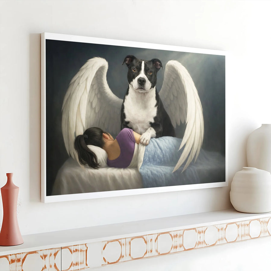 Pitbull Angel Wall Art | Guardian Dog Portrait Canvas | Premium Gallery Wrapped Decor | Heartfelt Pet Memorial Gift for Dog Lovers