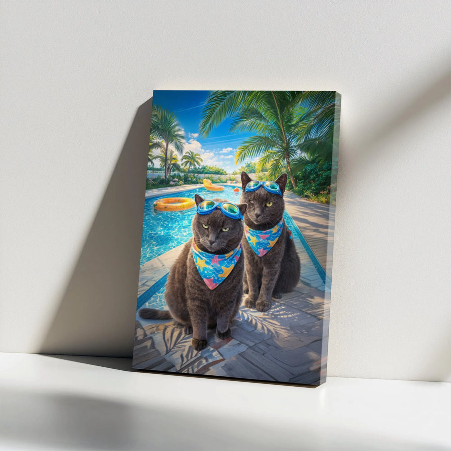 Funny Cat Canvas Wall Art | Two Cool Cats with Goggles by Pool | Premium Gallery Wrap Print | Unique Gift for Cat Lover Home Decor