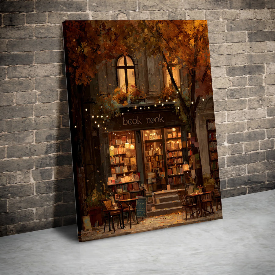 Cozy Bookstore Canvas Wall Art | Painterly Autumn Book Nook Scene | Premium Gallery Wrapped Print | Gift for Readers & Book Lovers