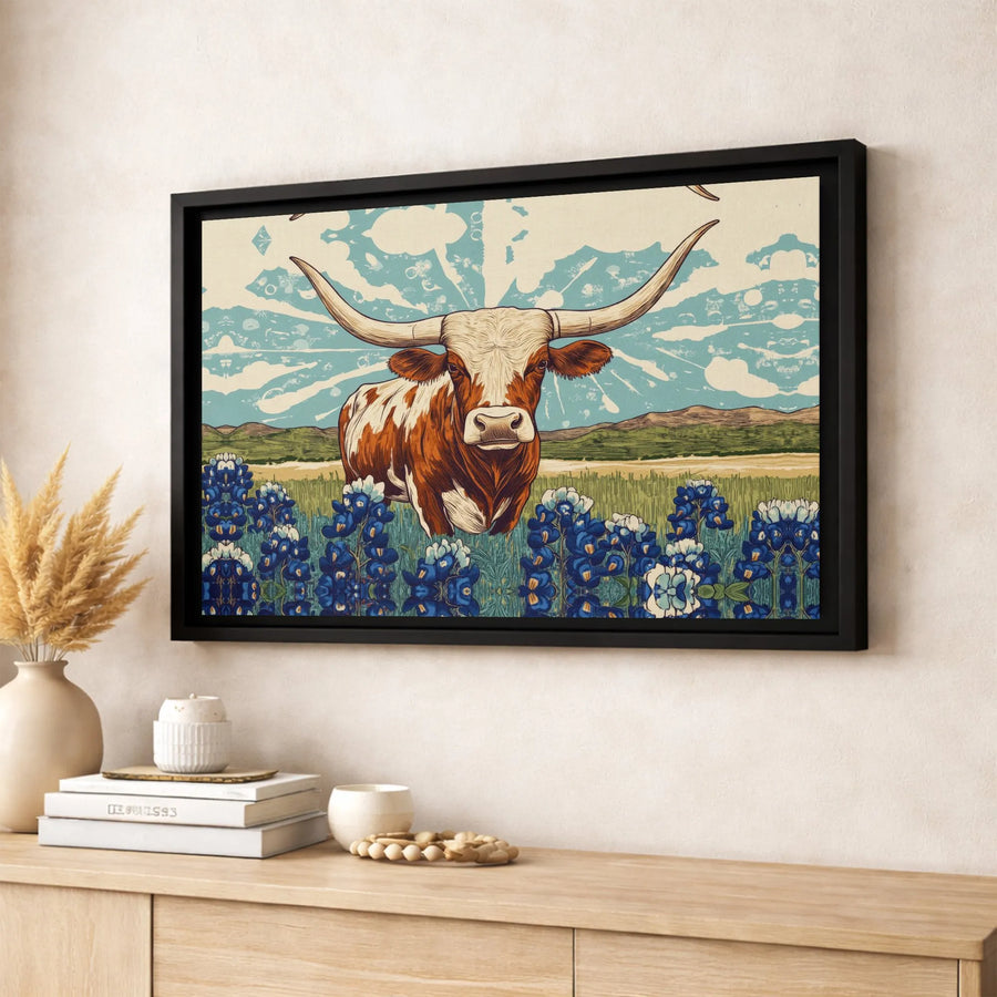 Texas Longhorn Canvas Wall Art | Vintage Bluebonnet Flower Field Print | 1.25 Inch Premium Gallery Wrap | Rustic Farmhouse Home Decor Gift