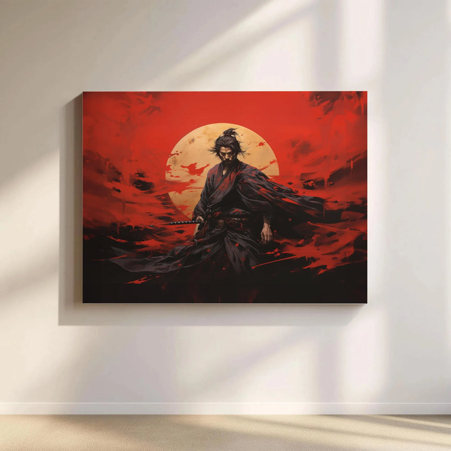 Japanese Samurai Canvas Art | Ronin Warrior With Katana and Red Moon | Premium Gallery-Wrap Print | Modern Asian Wall Decor for Office or Home