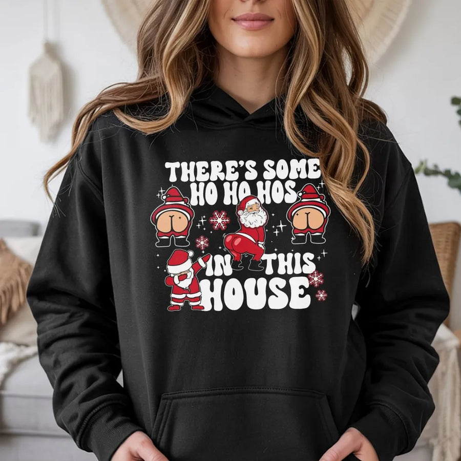 Funny Santa Hoodie | There's Some Ho Ho Hos In This House Graphic | Premium Cotton Blend | Naughty Christmas Gift For Men And Women