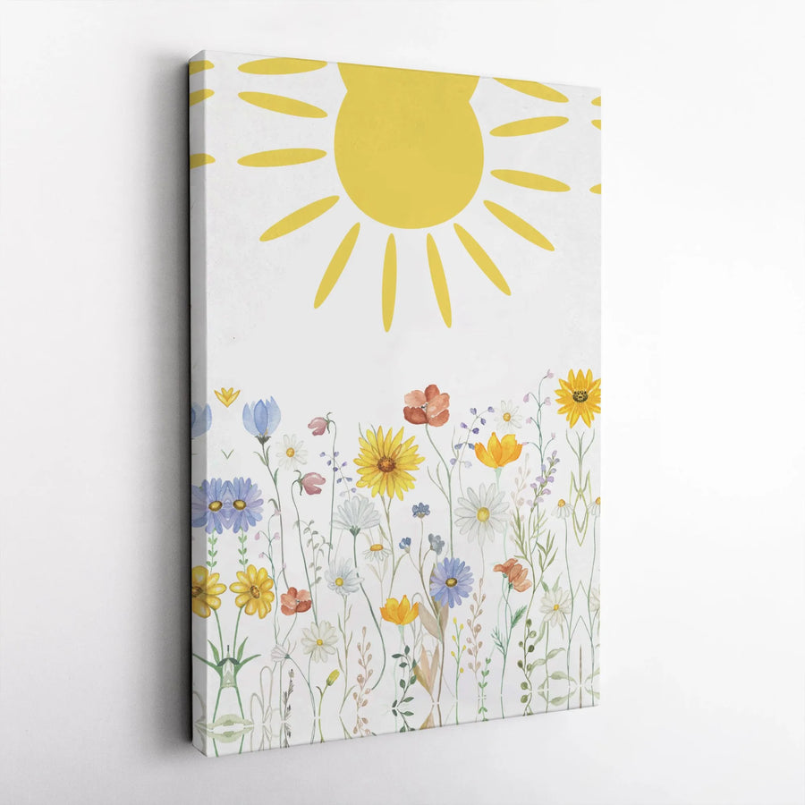 Wildflower Meadow Canvas Wall Art | Watercolor Sunshine and Flowers Print | Premium Gallery Wrapped Canvas | Nursery Decor Gift for Girls Room
