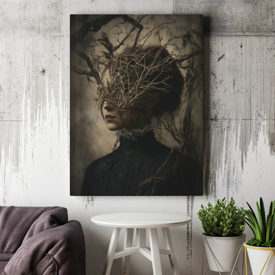 Gothic Surreal Wall Art | Ethereal Woman With Tangled Branches Portrait | Premium Gallery-Wrapped Canvas | Dark Academia Home Decor Gift