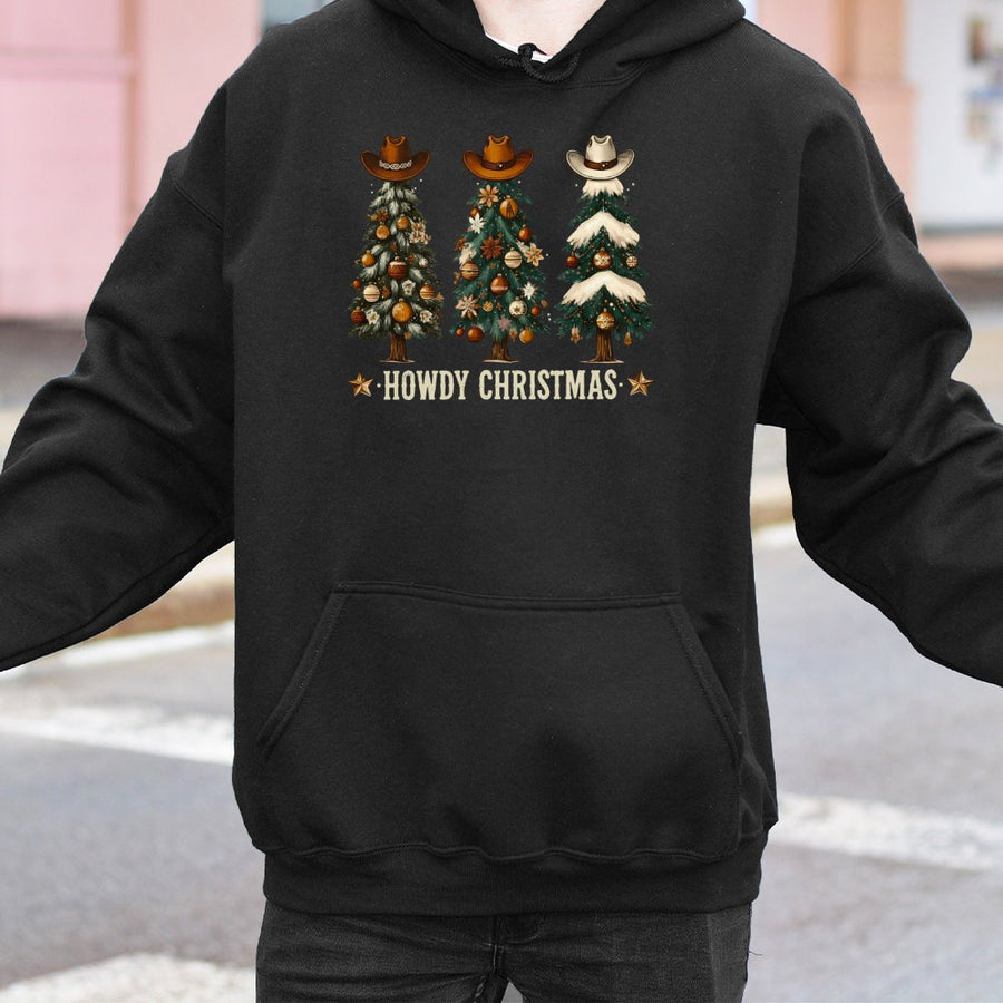 Western Christmas Tree Hoodie | Howdy Christmas Cowboy Hat Graphic | Cotton-Poly Blend Sweatshirt | Cozy Holiday Gift For Cowgirls