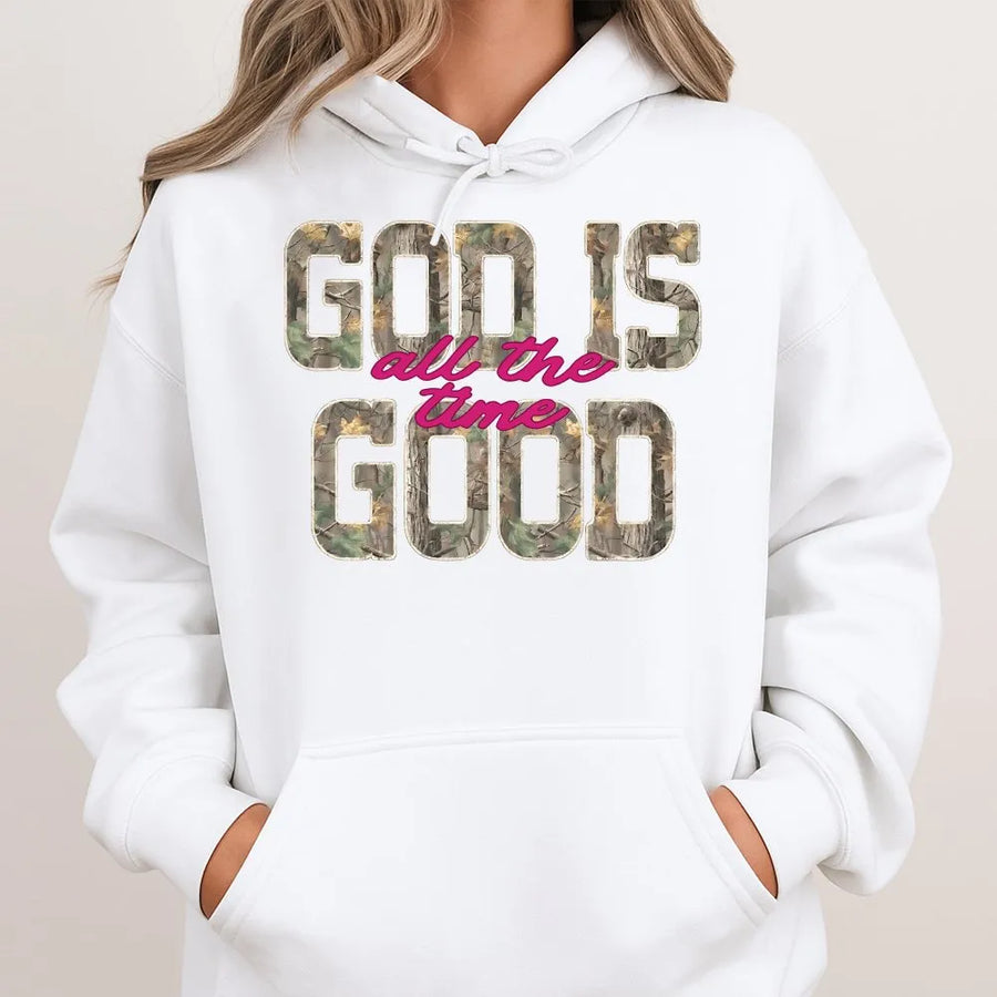 God Is Good All The Time Hoodie | Retro Distressed Camo Print | Premium Cotton-Blend Fabric | Inspirational Christian Faith Gift