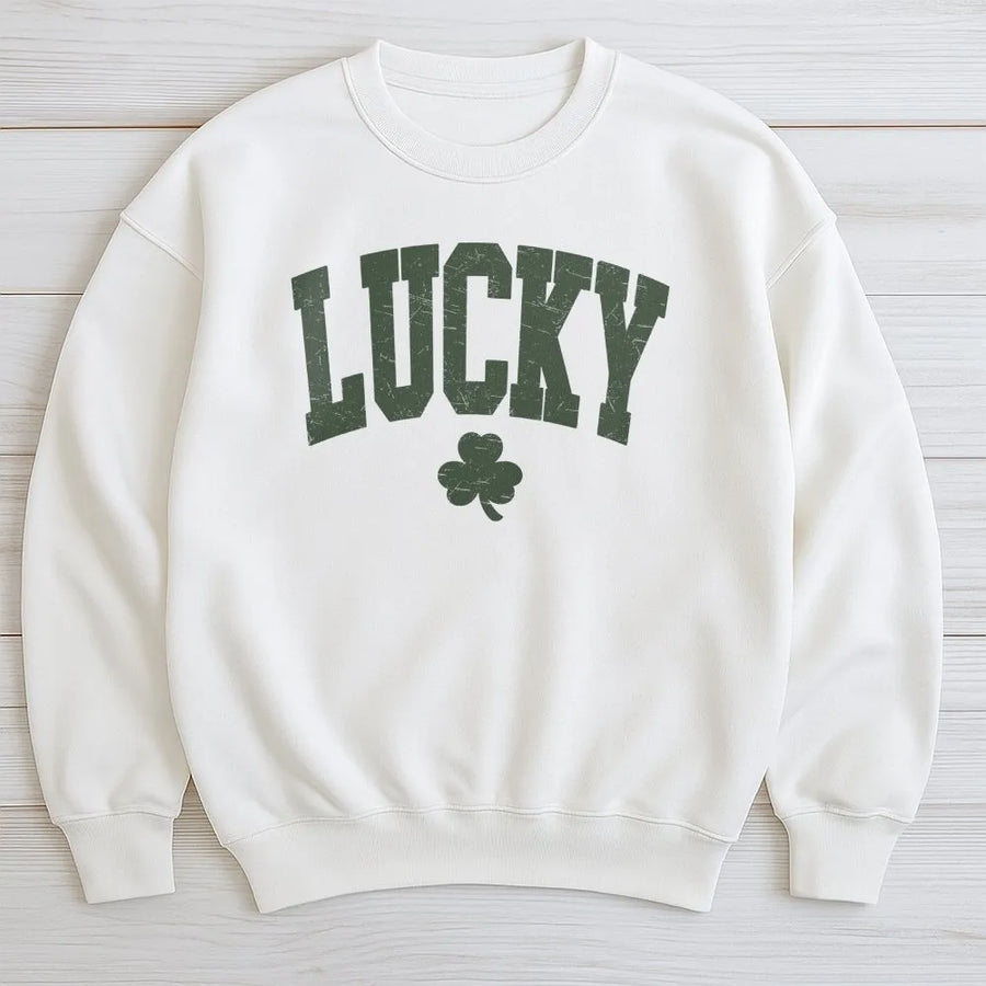 Lucky Shamrock Sweatshirt | Distressed Varsity Graphic | Premium Cotton-Poly Blend | Unisex St. Patrick's Day Gift For Men And Women