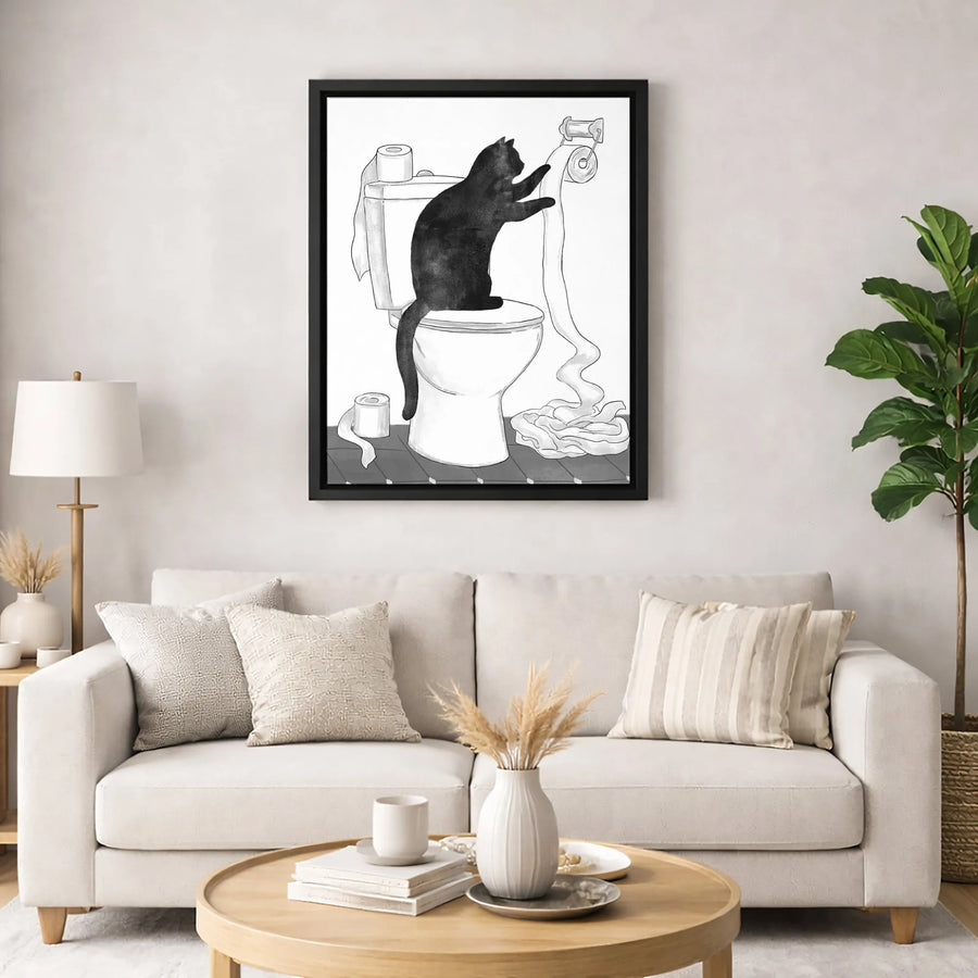 Black Cat Bathroom Wall Art | Funny Mischievous Kitten Unrolling Toilet Paper Print | 1.25 Inch Gallery Wrap Canvas | Unique Home Decor Gift for Cat Lovers