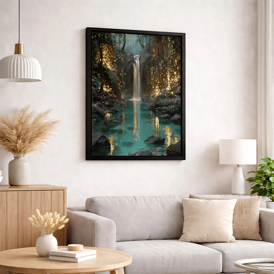 Enchanted Forest Waterfall Canvas | Magical Fairy Light Landscape Wall Art | Gallery Quality Premium Print | Whimsical Nature Home Decor Gift