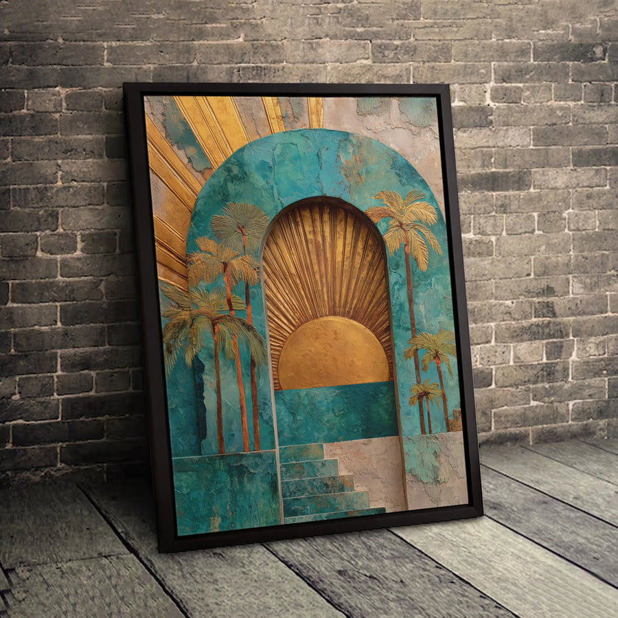 Art Deco Archway Canvas Art | Golden Sun and Palm Tree Wall Decor | 1.25 Inch Premium Gallery Wrap | Mid Century Modern Statement Piece for Home Office