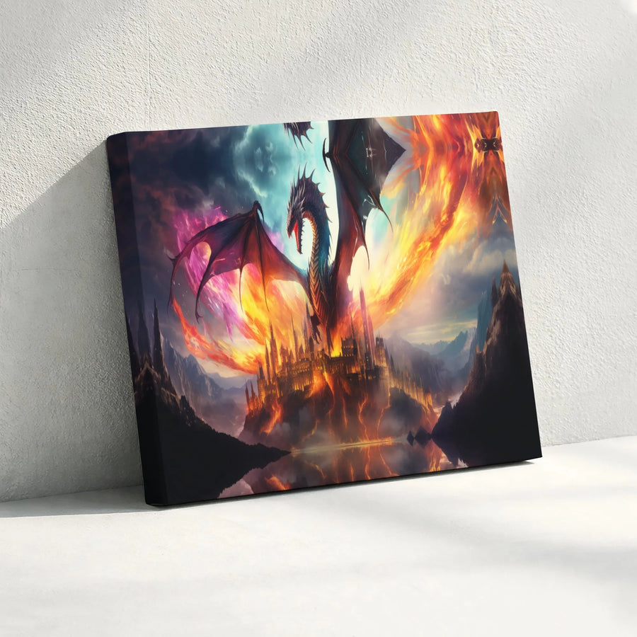Epic Dragon Canvas Wall Art | Burning Fantasy Castle Landscape | Premium Gallery-Wrapped Print | Gift for Fantasy Lovers and Gamers