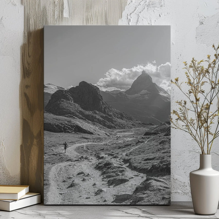 Matterhorn Mountain Canvas Wall Art | Black and White Hiker Landscape | Premium Gallery Wrap Print | Adventure Decor Gift for Hikers