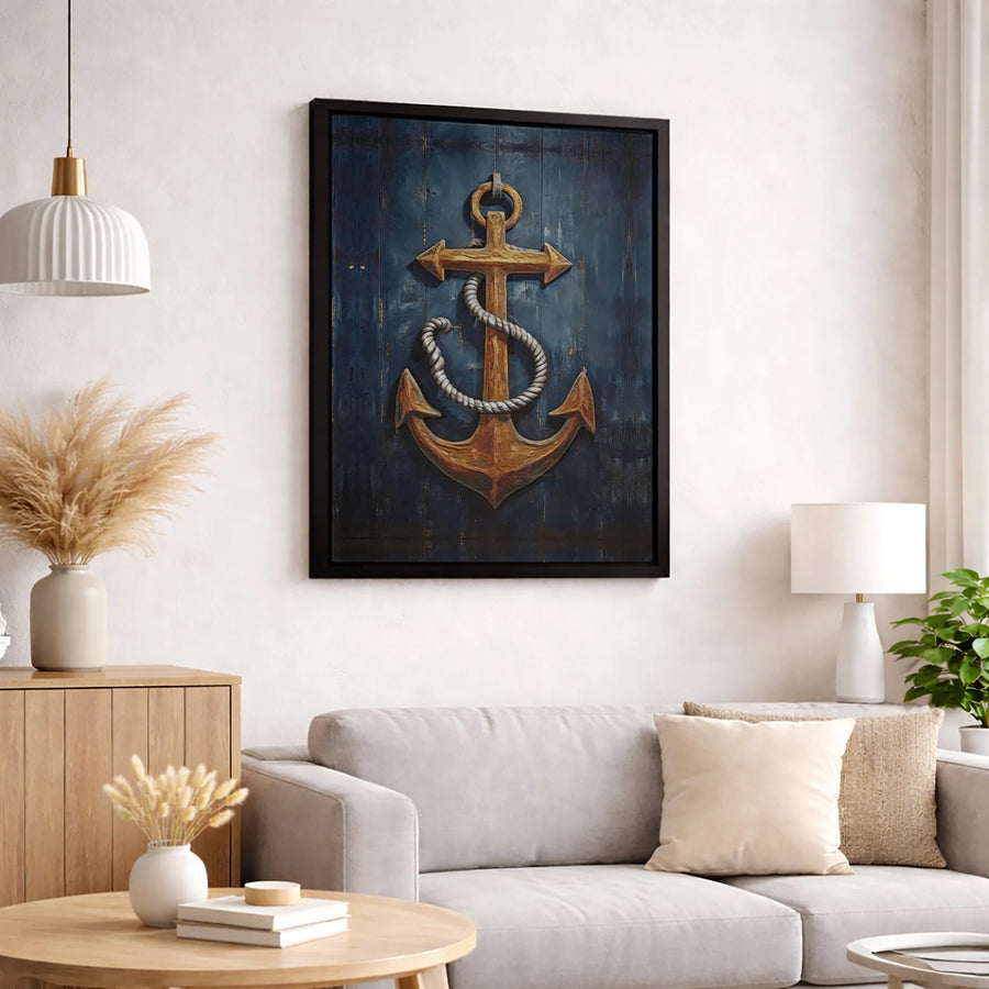Rustic Gold Anchor Wall Art | Nautical Distressed Blue Wood Print | Premium 1.25" Gallery Canvas | Coastal Home Decor Gift